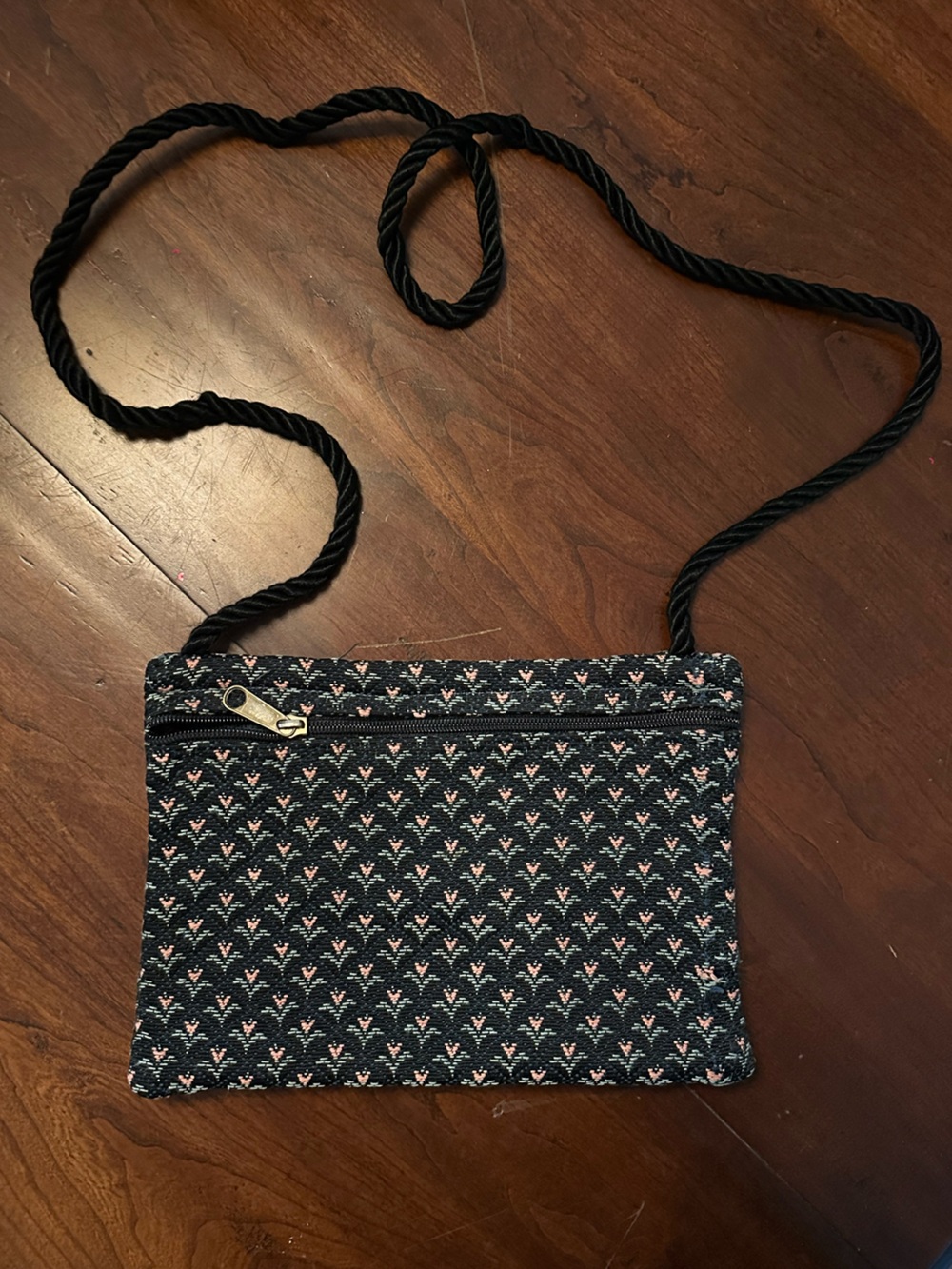 Woven Black Crossbody Bag with Pink Accent